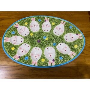 vintage Easter Deviled Egg Platter Plate Green Grass Floral
